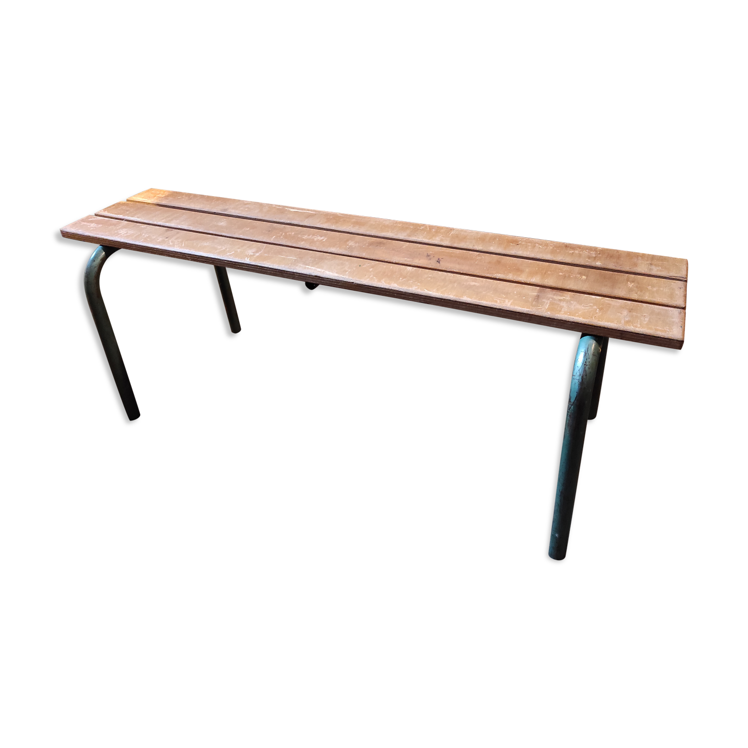 Banc d'école vintage en bois et tubes métalliques