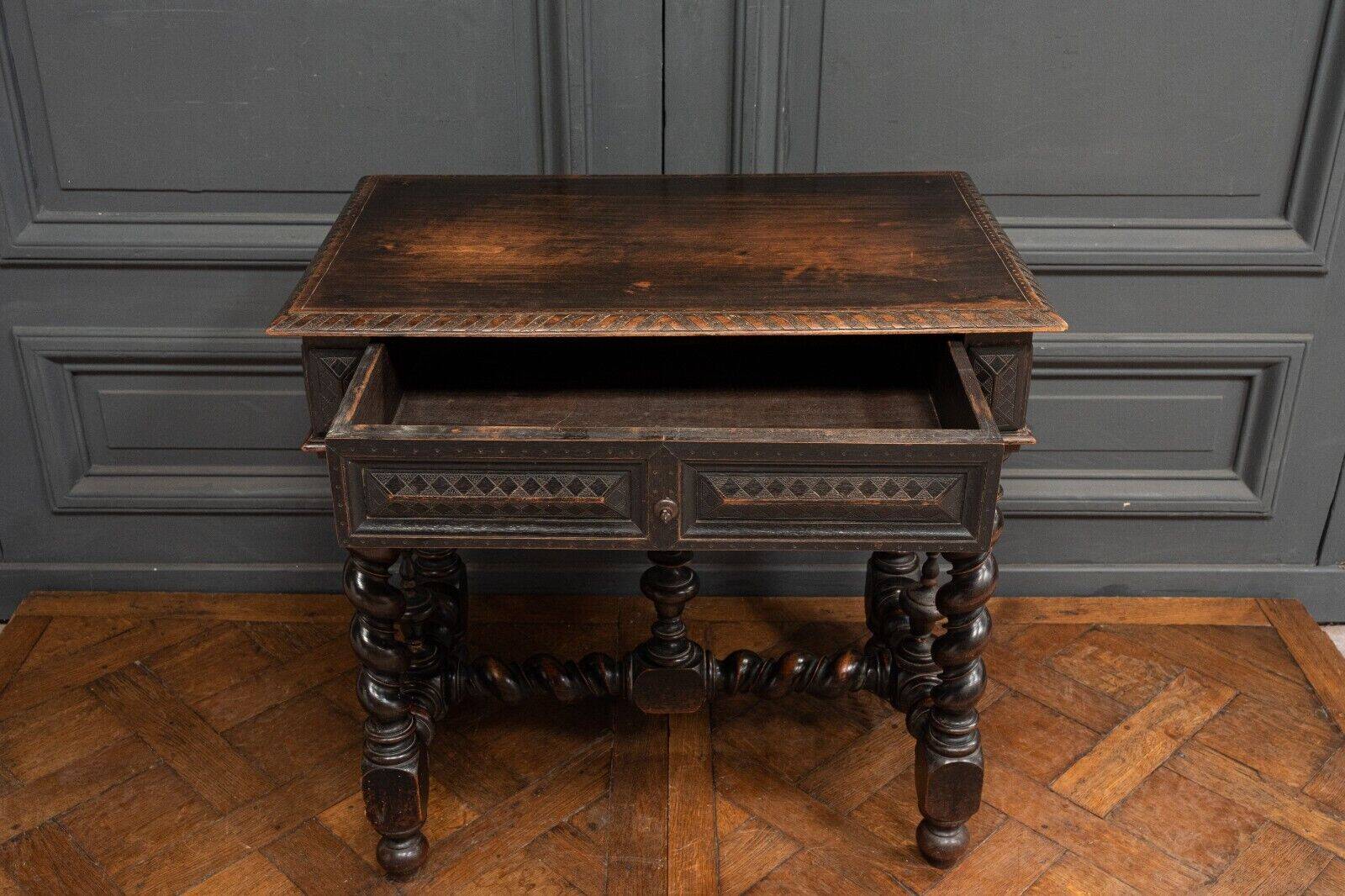 Louis XIII style blackened walnut desk, late 19th century, turned legs, one drawer
