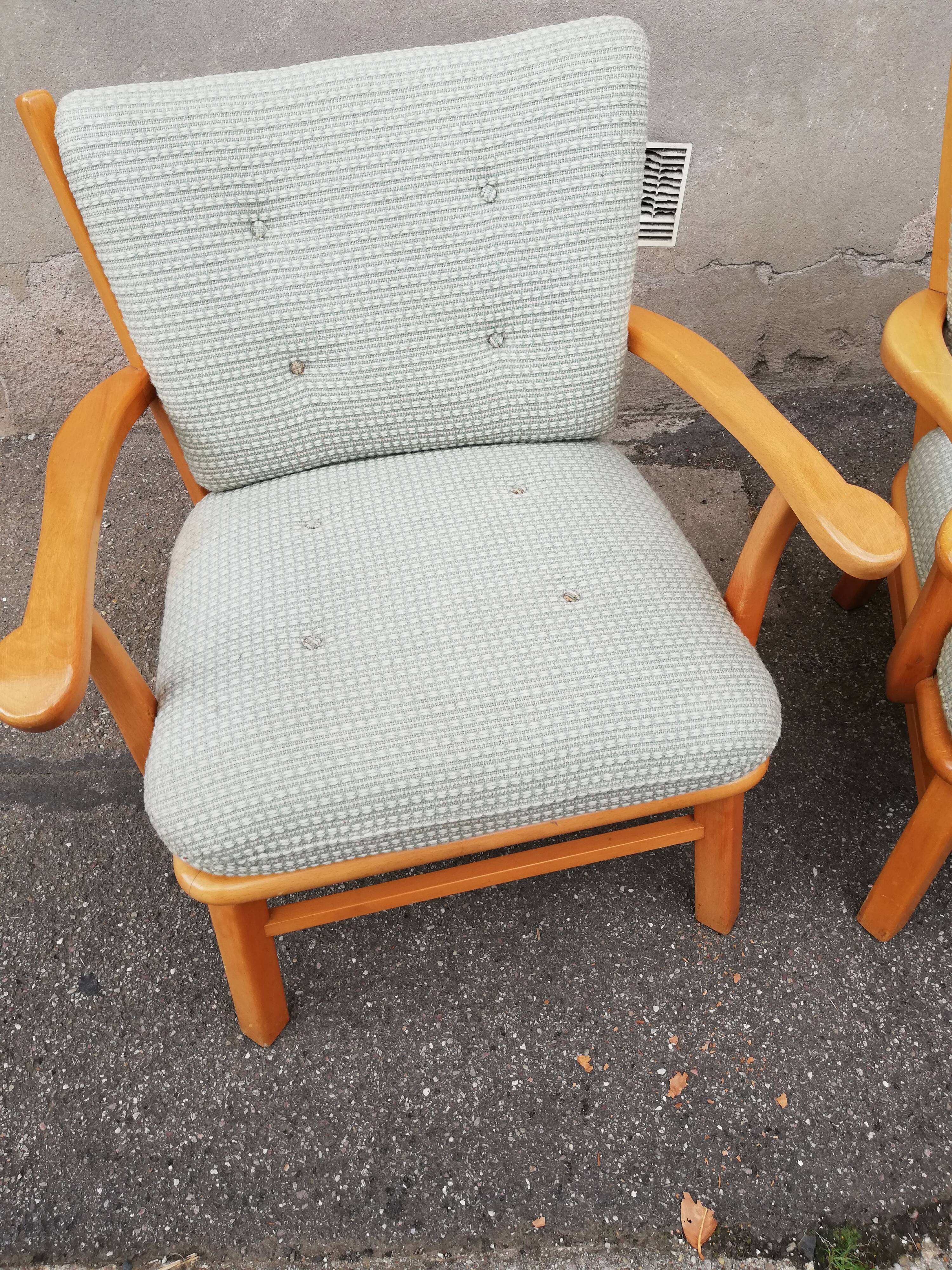 Pair of vintage pastel green fabric armchairs