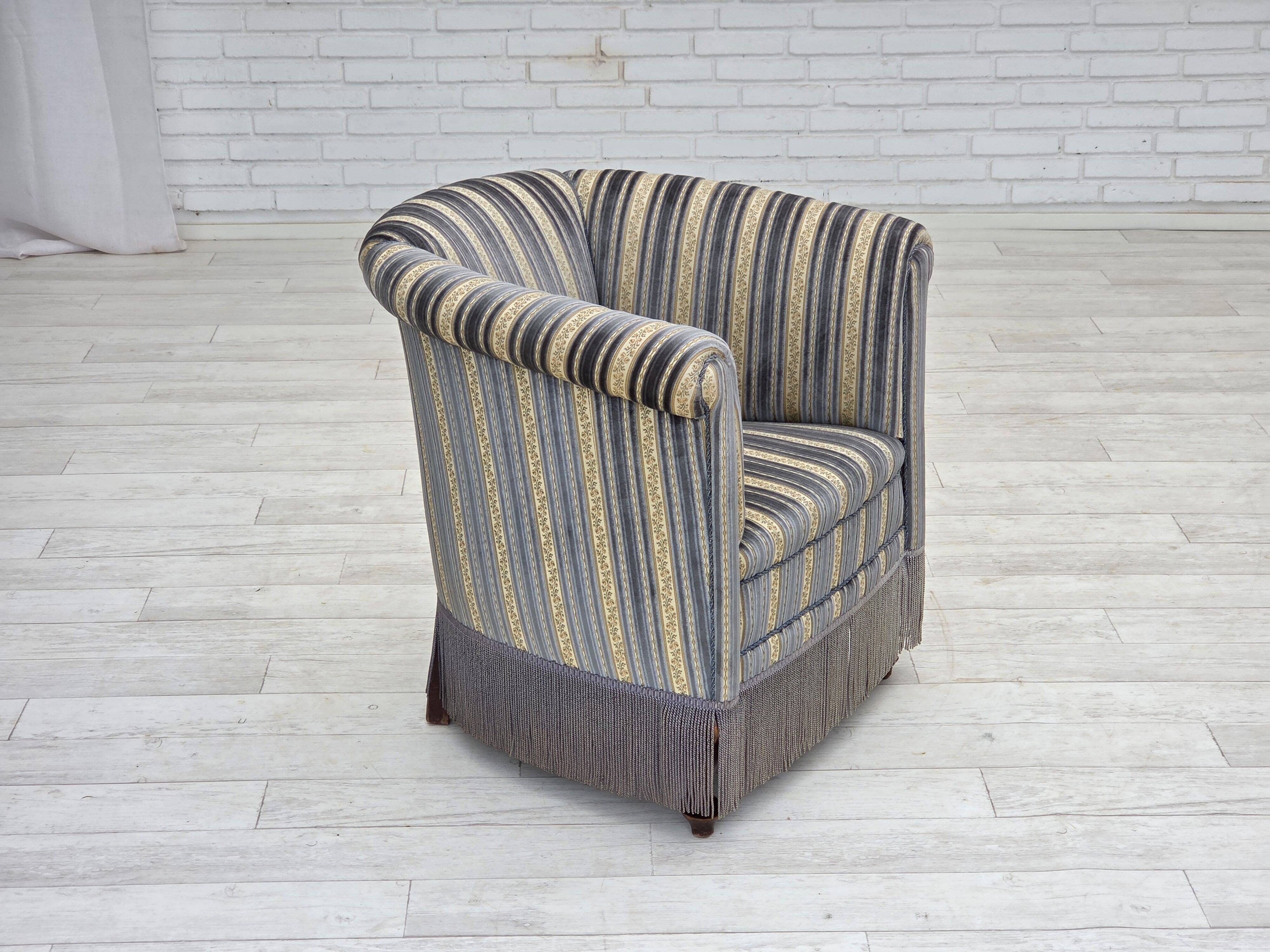 1960s, Danish lounge chair, blue/beige furniture velour, beech wood legs.