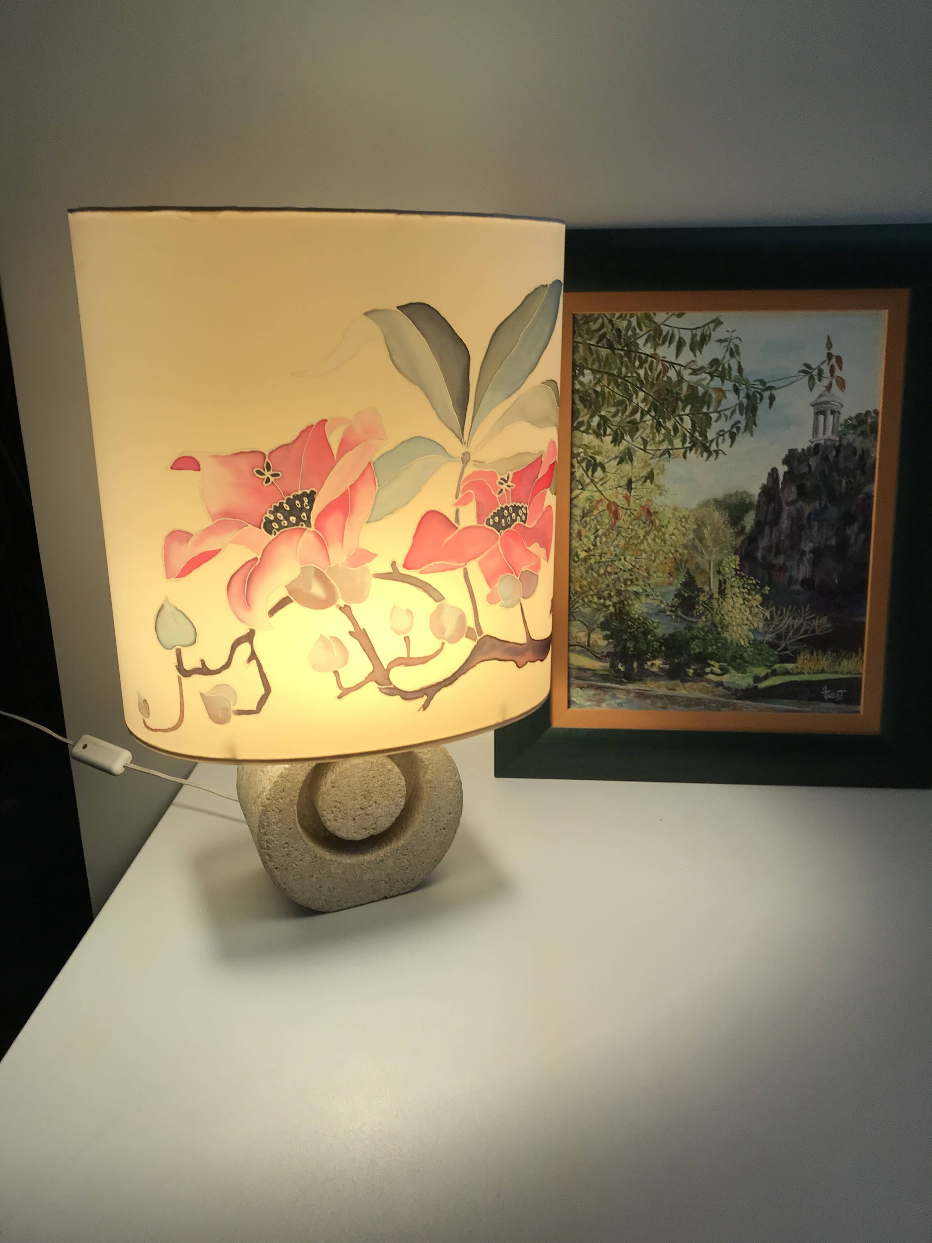 Vintage 70s-80s Lamp - Sculpted Stone Base & Painted Silk Shade