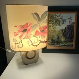 Vintage 70s-80s Lamp - Sculpted Stone Base & Painted Silk Shade