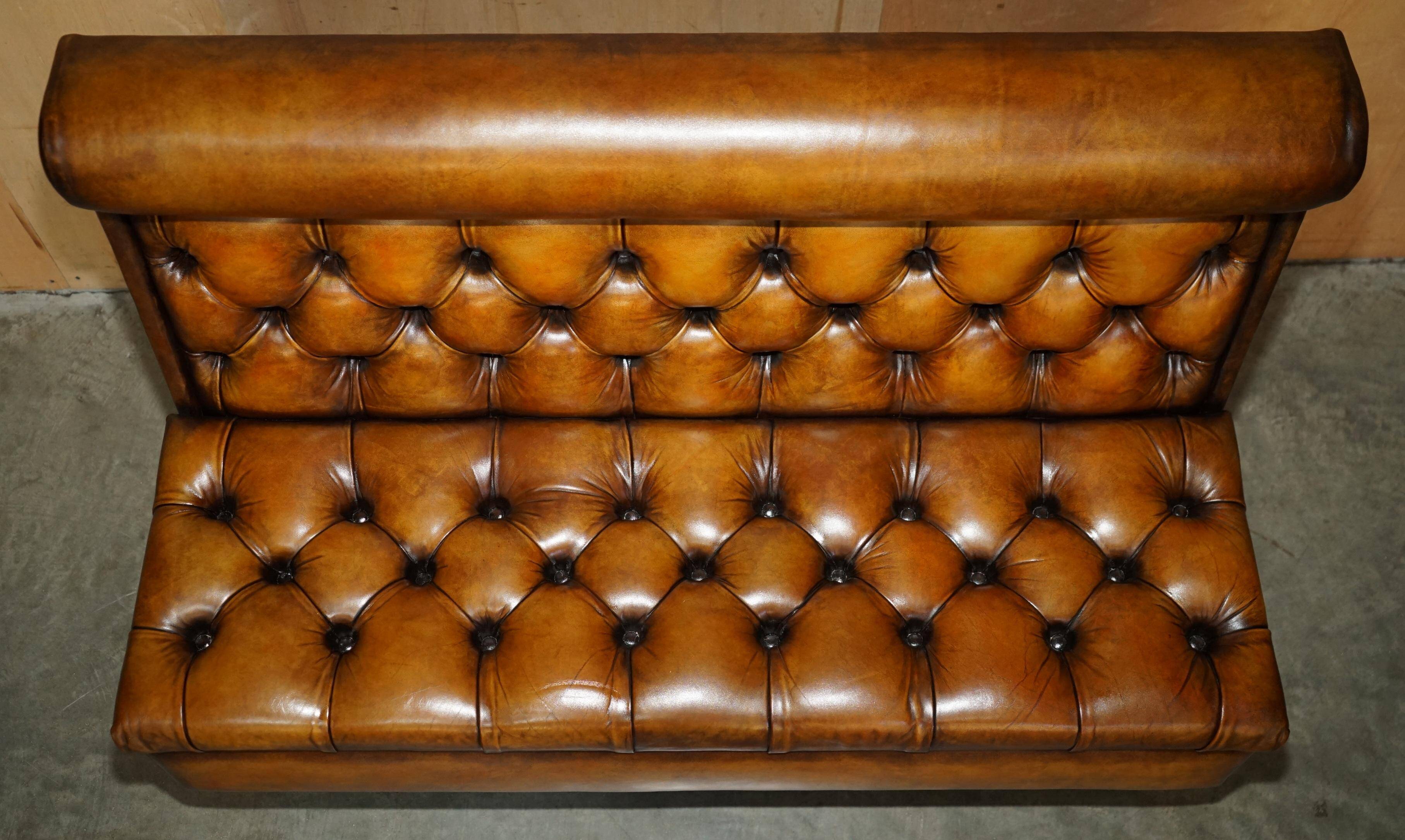 Pair of Victorian Chesterfield pub benches in leather.