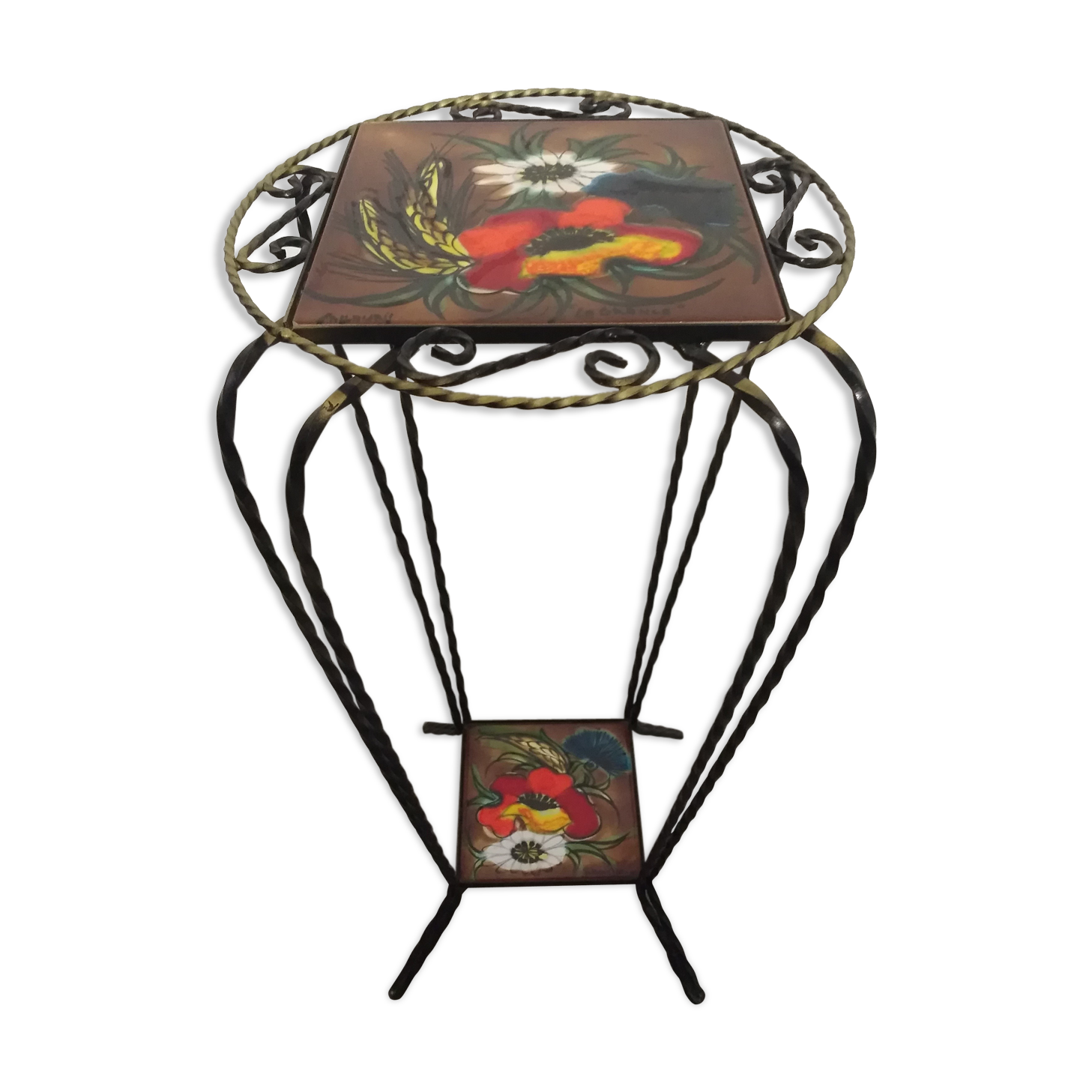 Vallauris wrought iron and ceramic side table