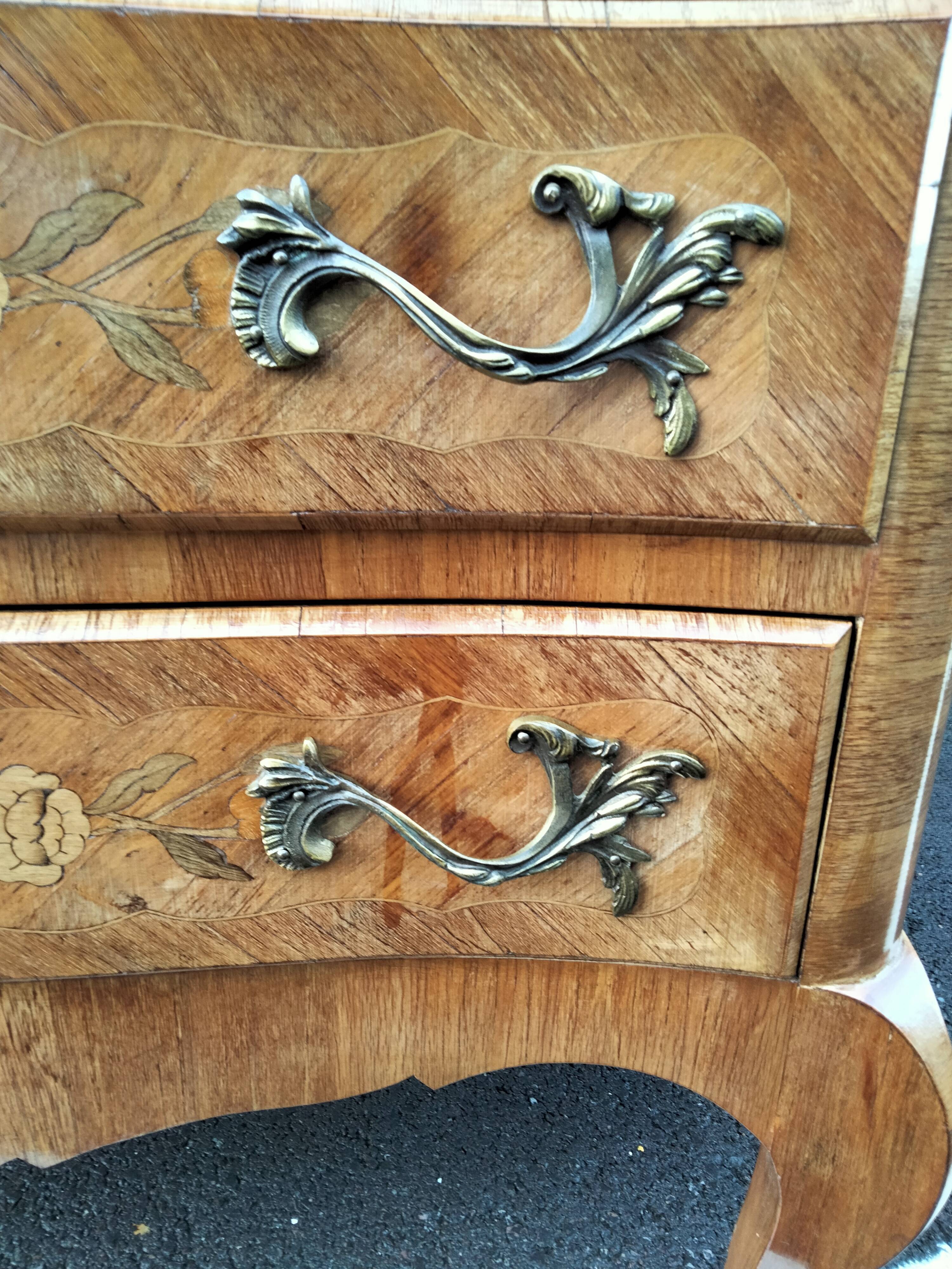 Chest of drawers old marquetry marble top Louis XV style