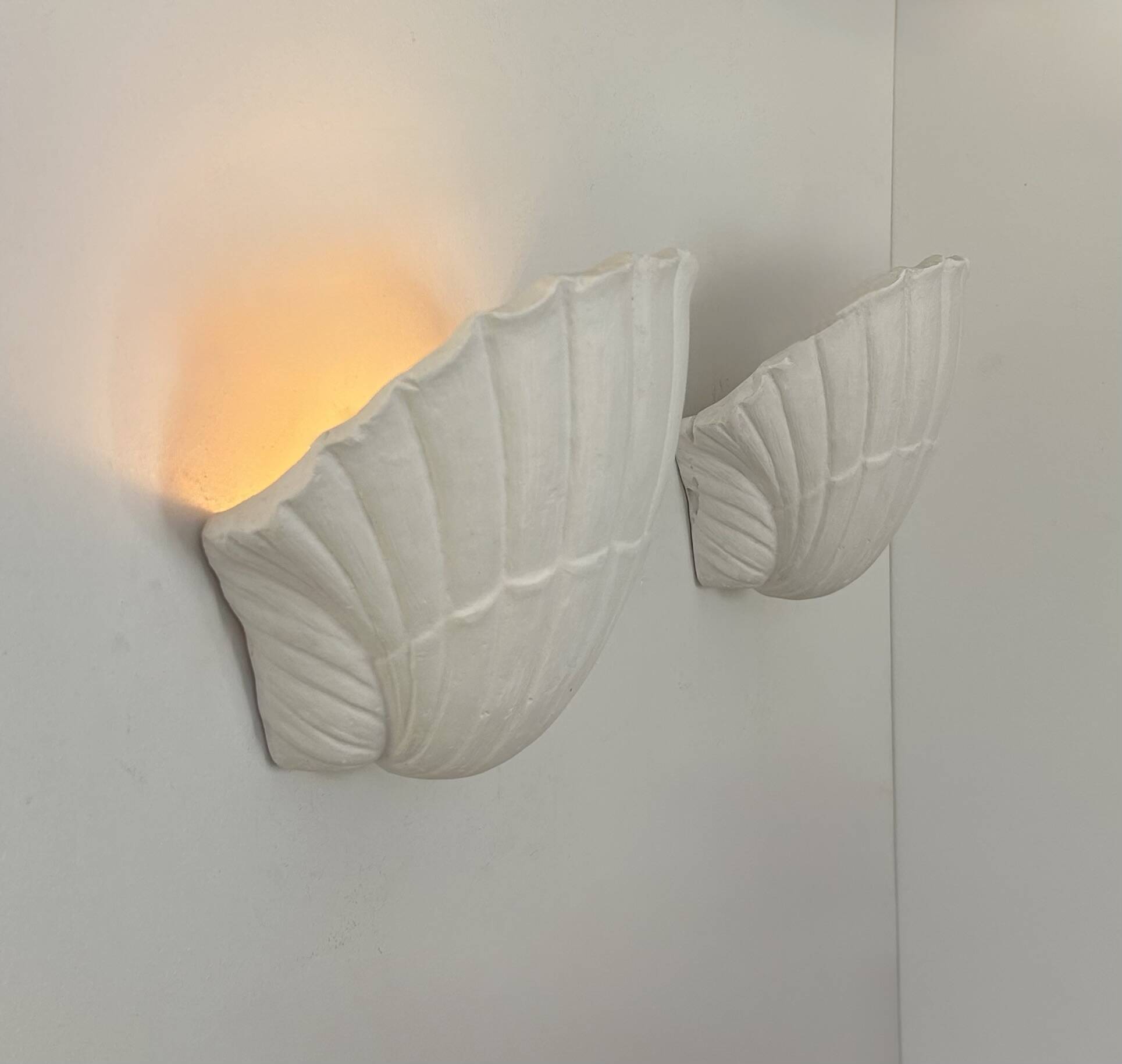 Pair of vintage shell wall lights, matte white plaster, France 1970
