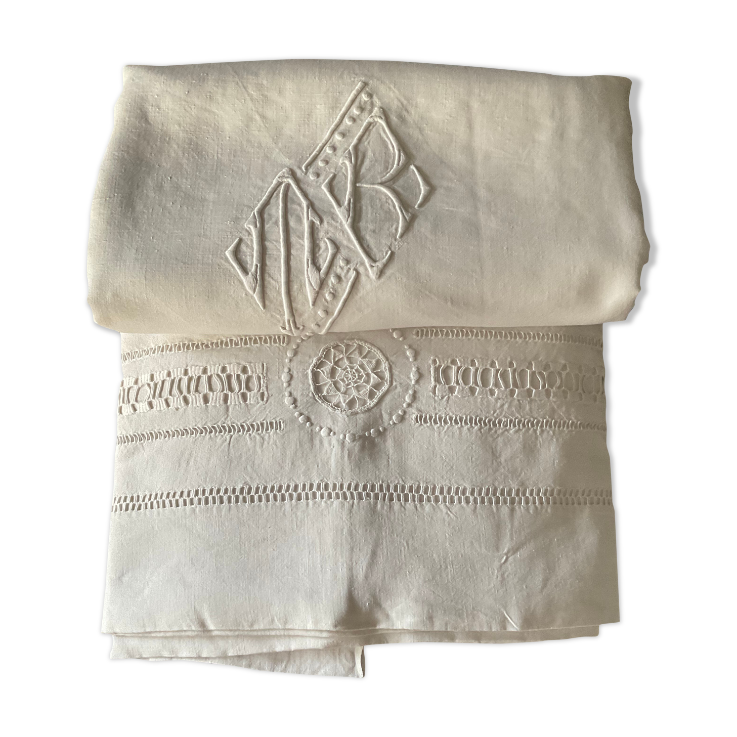 Linen sheet . Old. Monogram M R 207 cm x 300 cm