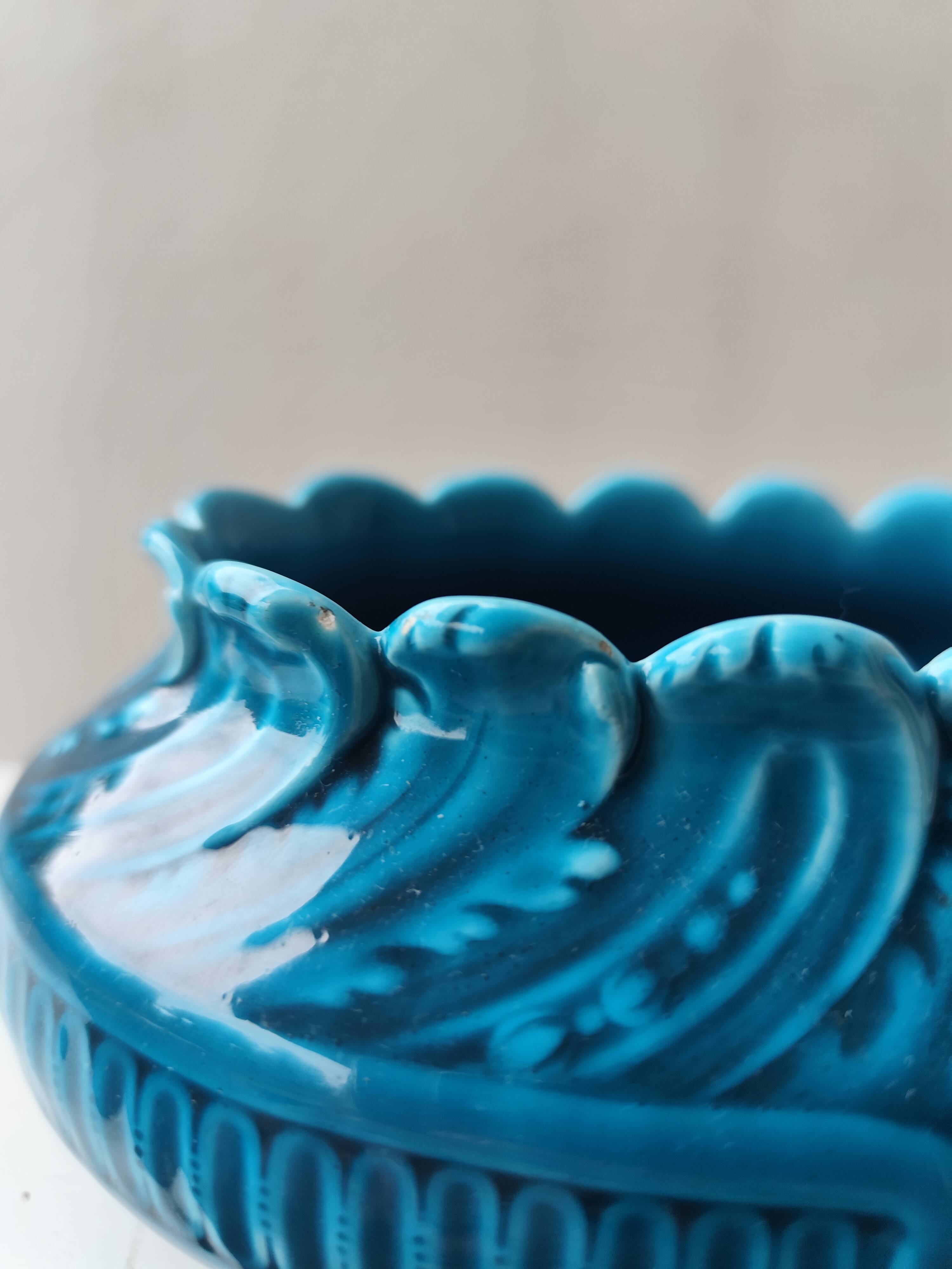 Blue glazed ceramic vase and pocket planter by Théodore Deck.