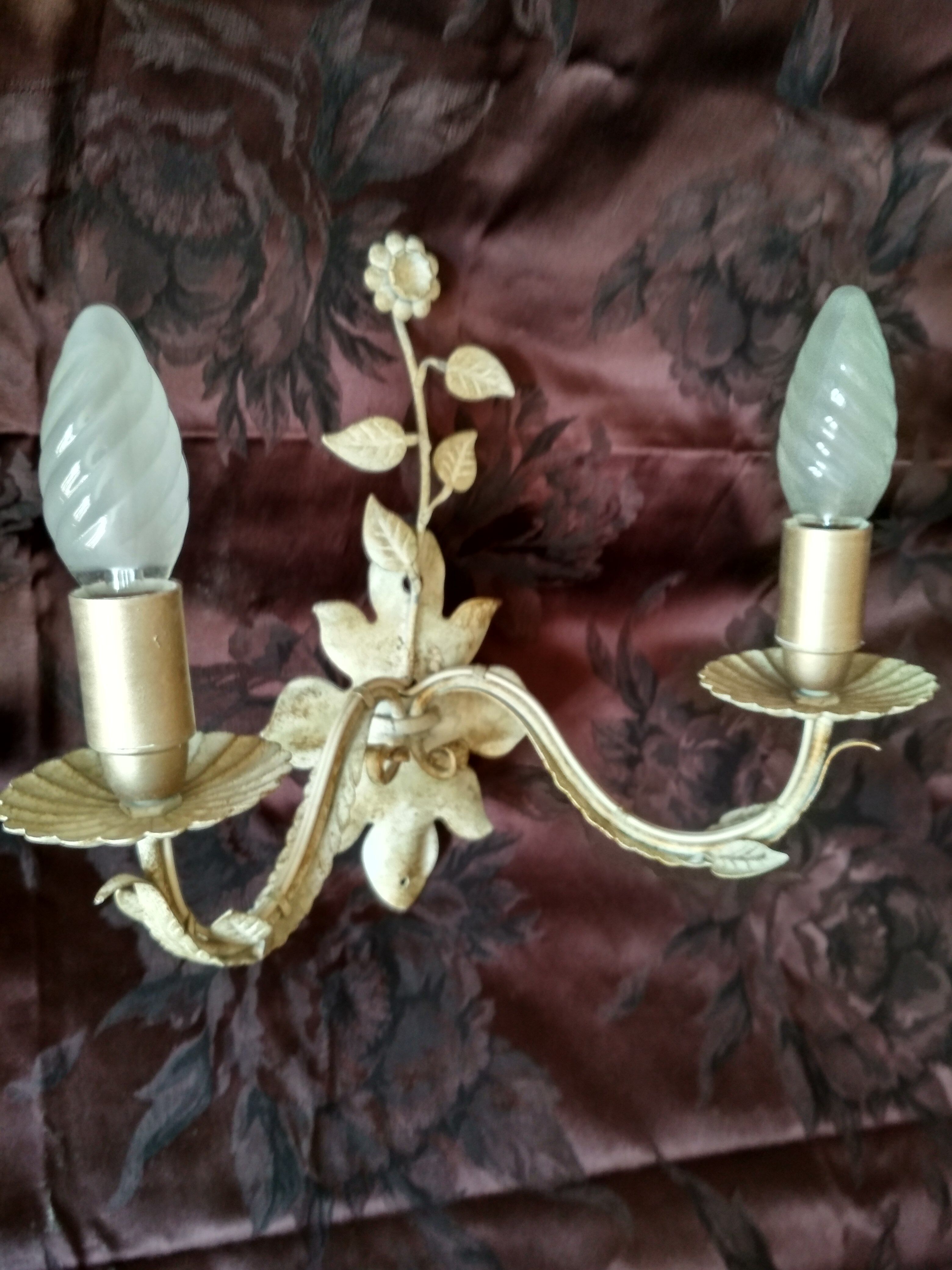 White glazed metal wall light with leaf and flower decor, 2 lights