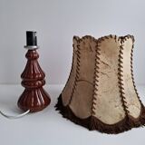Vintage ceramic table lamp with hand-stitched leather shade, 1980s.