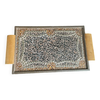 Vintage mosaic tray with wooden handle