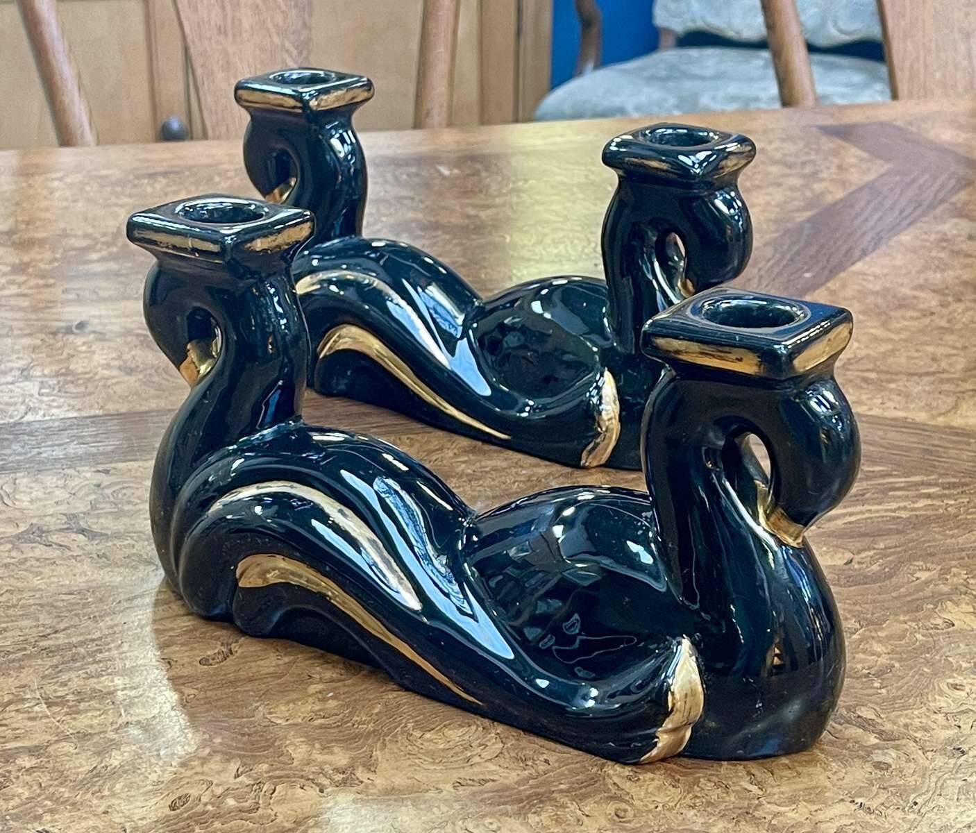 Pair of black and gold Vallauris ceramic candlesticks from the 1970s