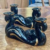 Pair of black and gold Vallauris ceramic candlesticks from the 1970s