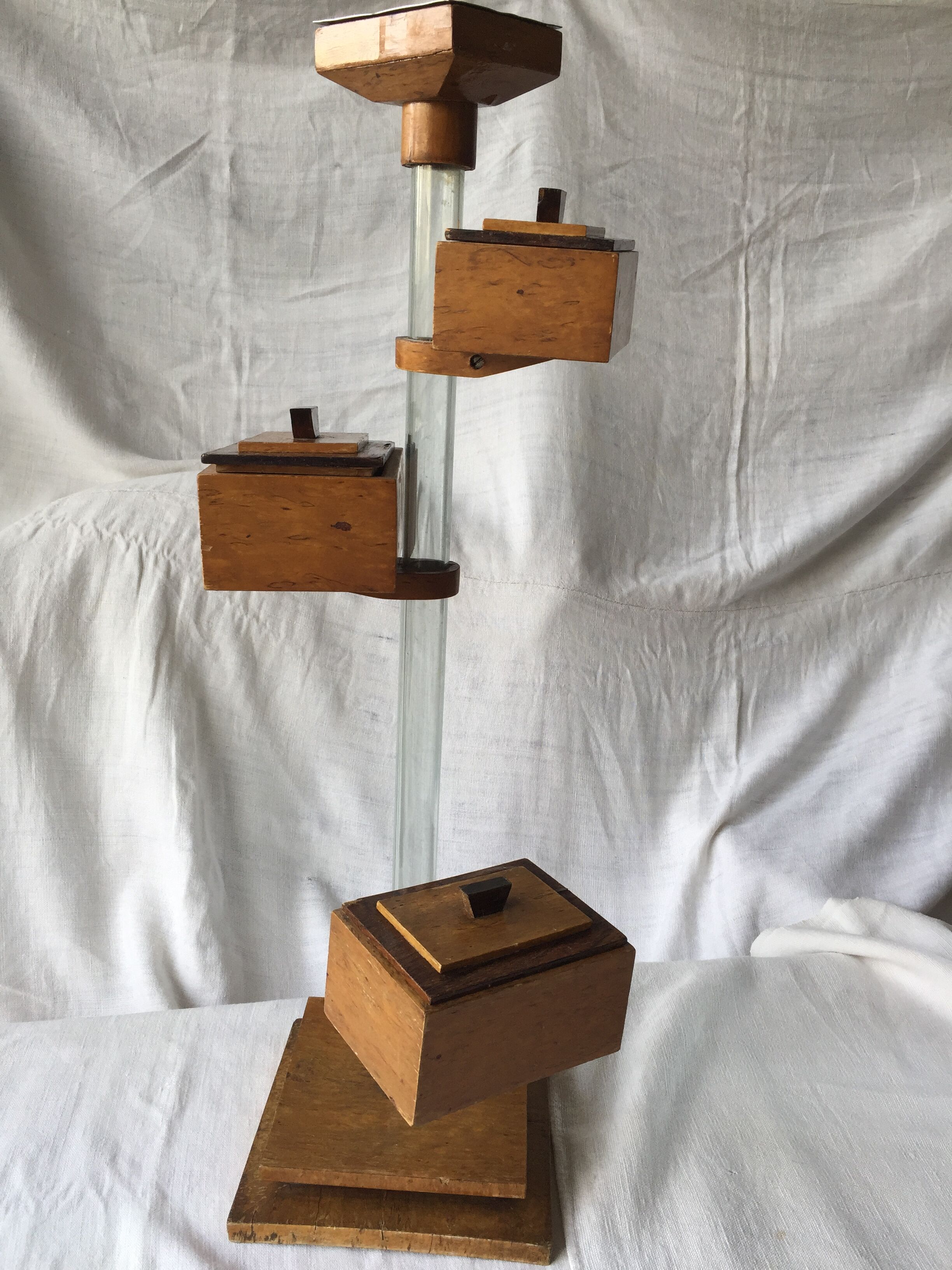 Small 1930s wooden and glass furniture with sliding storage boxes