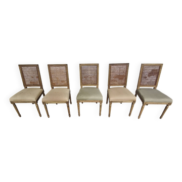 Set of 5 antique wooden and caned chairs.