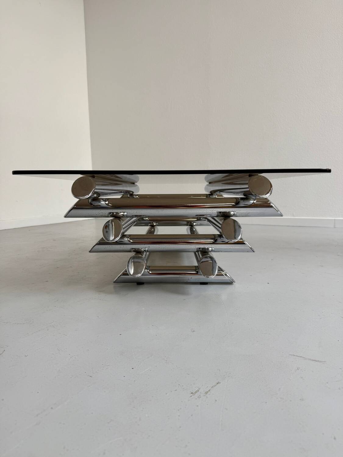 Space coffee table from the 70s, tubular metal and glass, Italian design