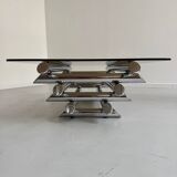 Space coffee table from the 70s, tubular metal and glass, Italian design