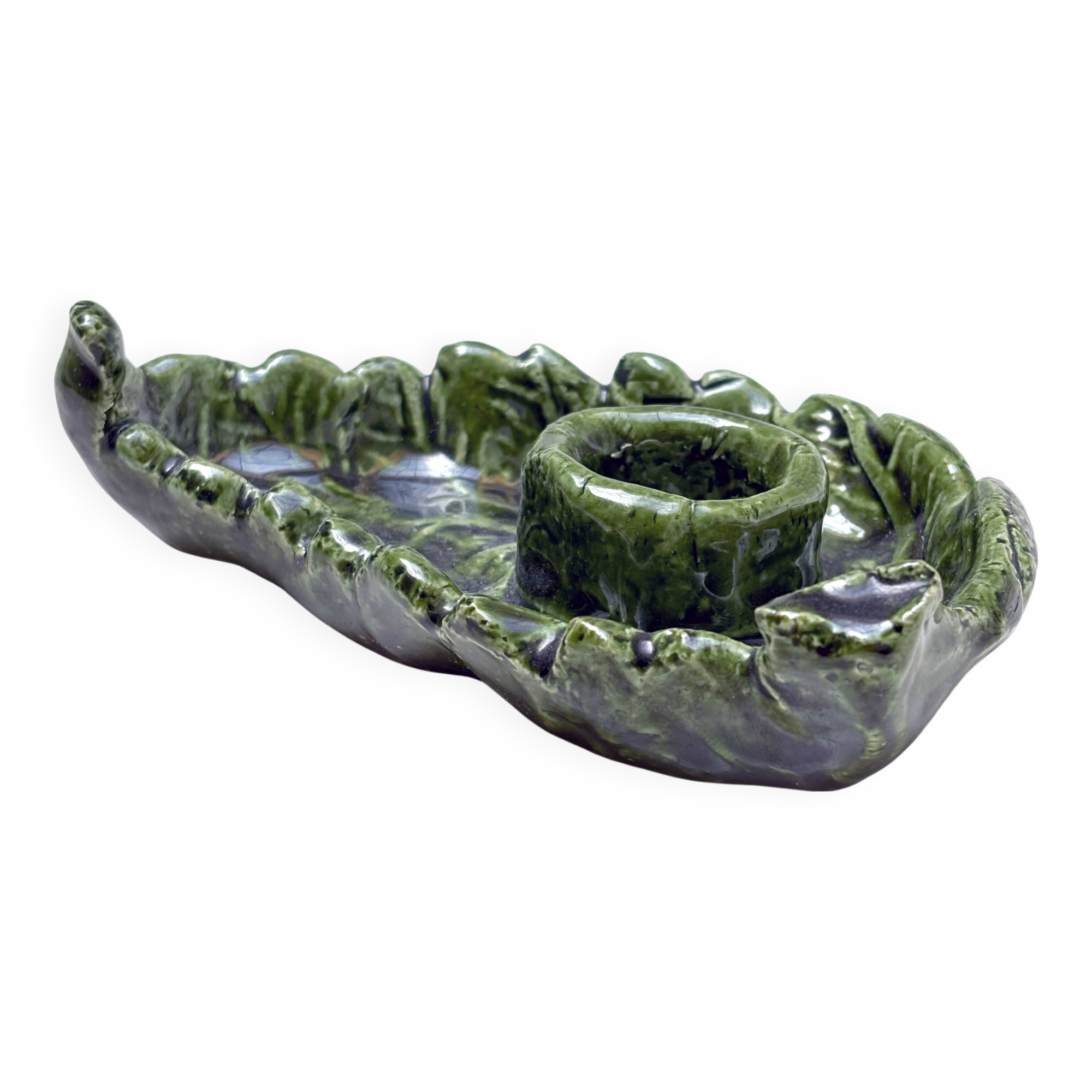 Small candle holder in green slip ceramic