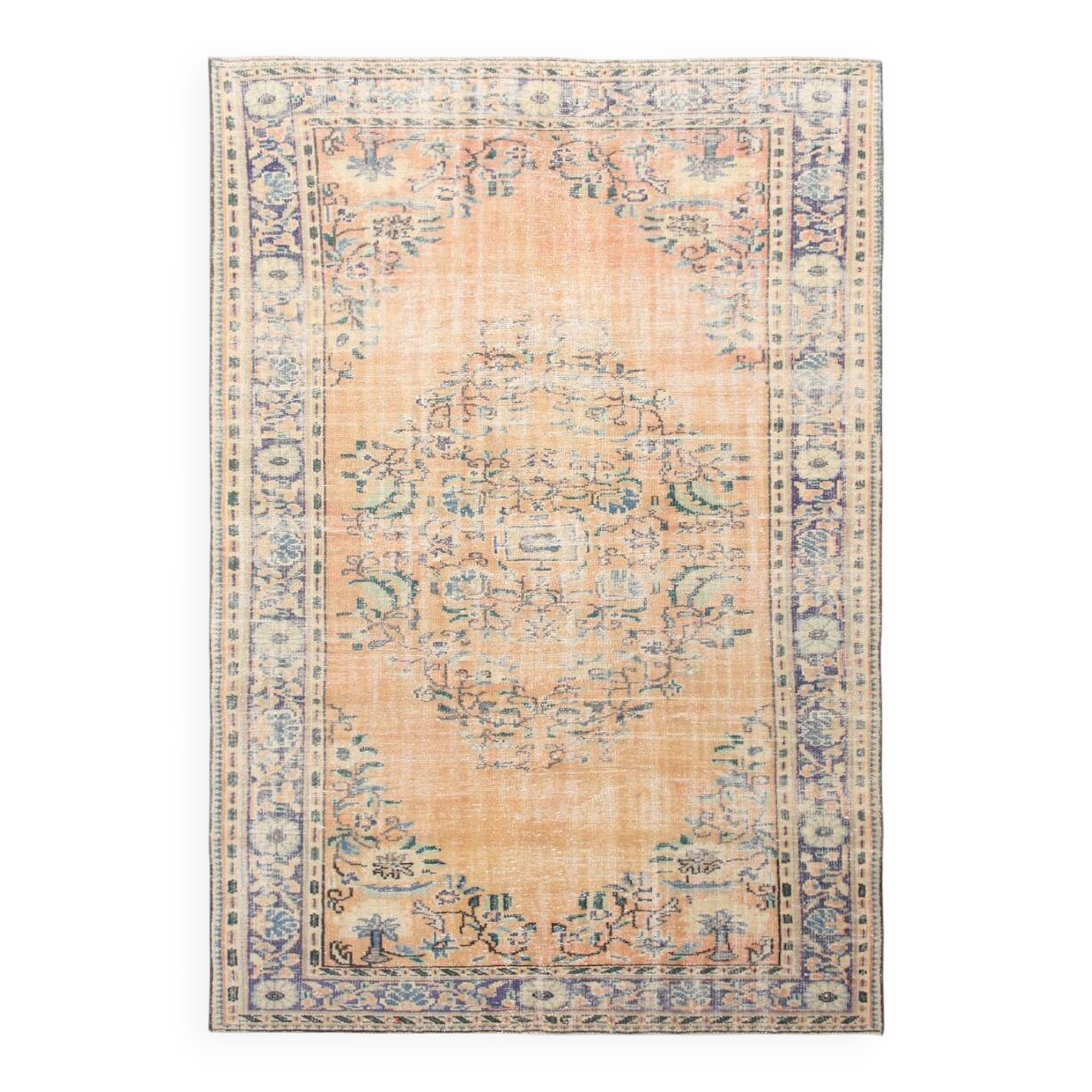 6x9 Vintage Orange & Blue Floral Pattern Turkish Vintage Rug, 180x275 Cm