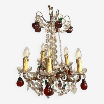 Lustre en bronze doré, pendeloques cristal et pampilles de verre coloré en forme de fruits, fin XIXe