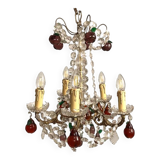 Lustre en bronze doré, pendeloques cristal et pampilles de verre coloré en forme de fruits, fin XIXe