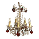 Lustre en bronze doré, pendeloques cristal et pampilles de verre coloré en forme de fruits, fin XIXe