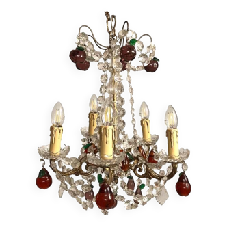 Gilt bronze chandelier, crystal pendants and colored glass pendants in the shape of fruits, late 19th century