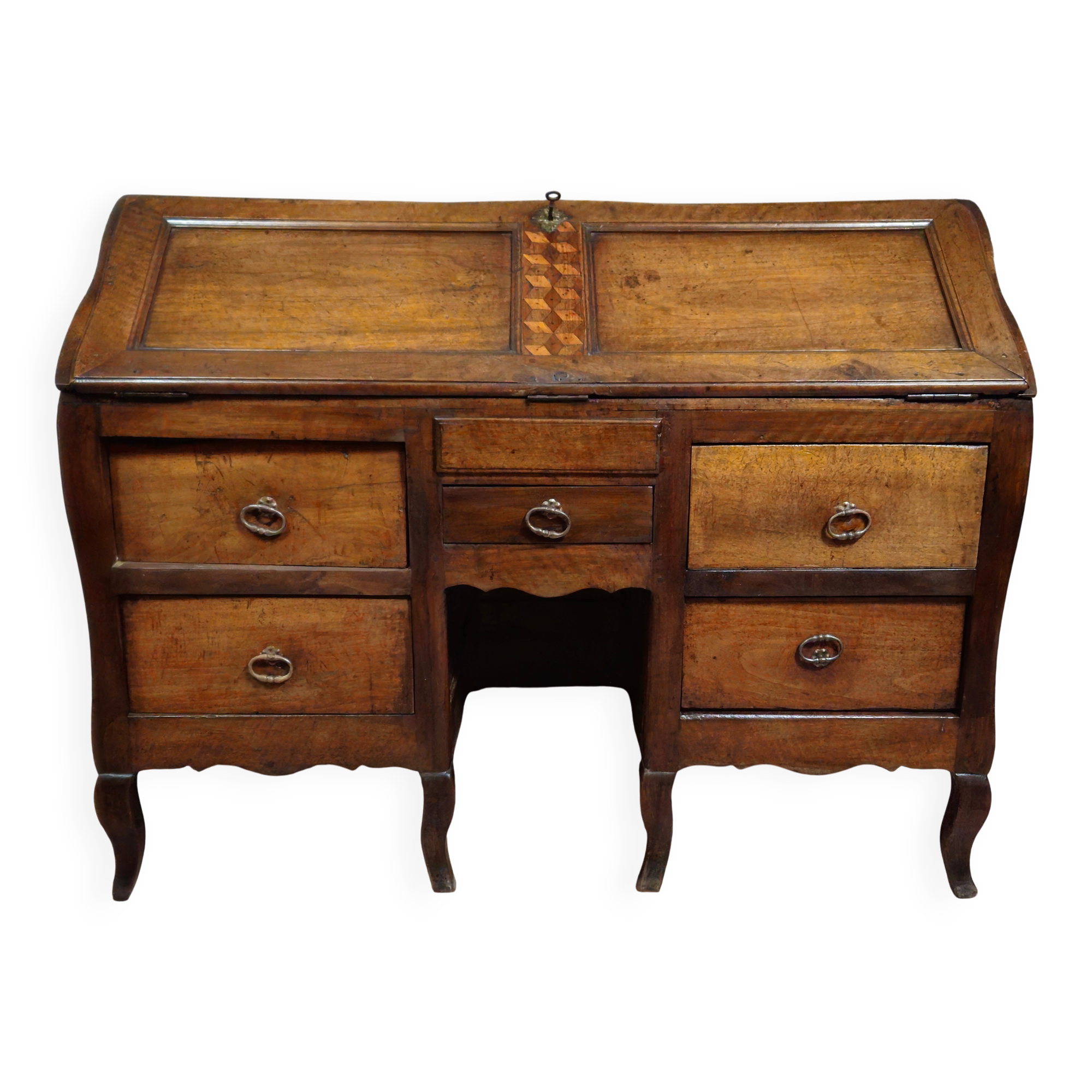 Antique curved secretary desk, Louis XV style, made of solid wood and marquetry.