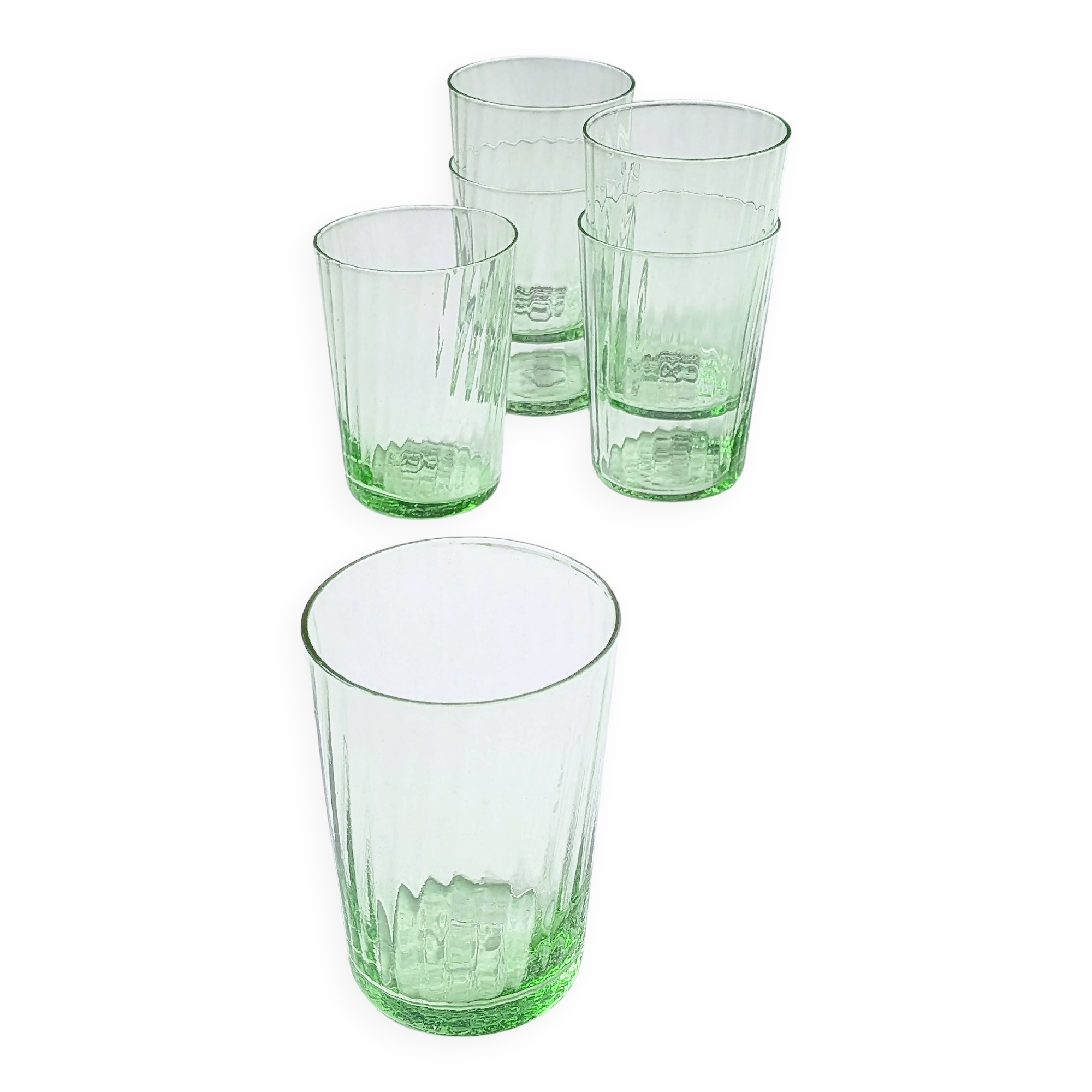 Set of 6 antique green blown glass goblets with fine fluting.