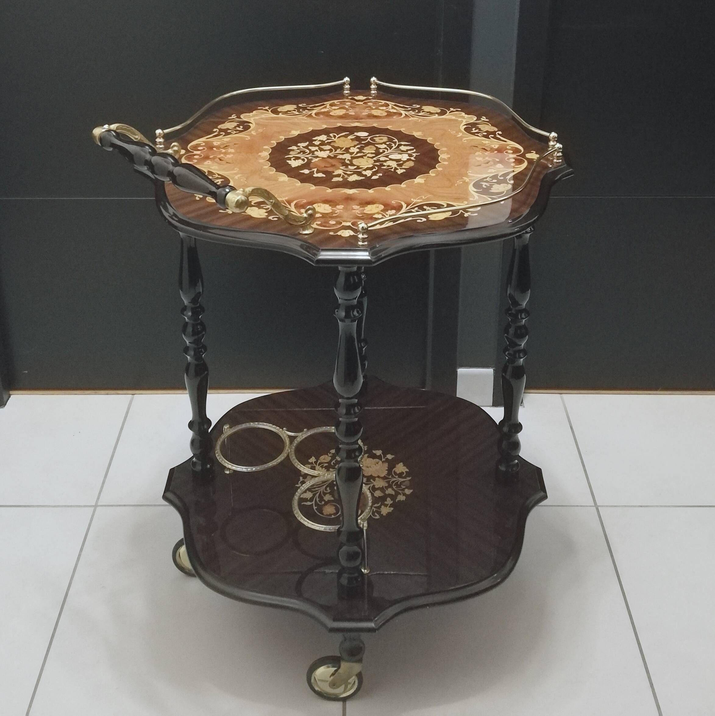 Marquetry trolley on wheels