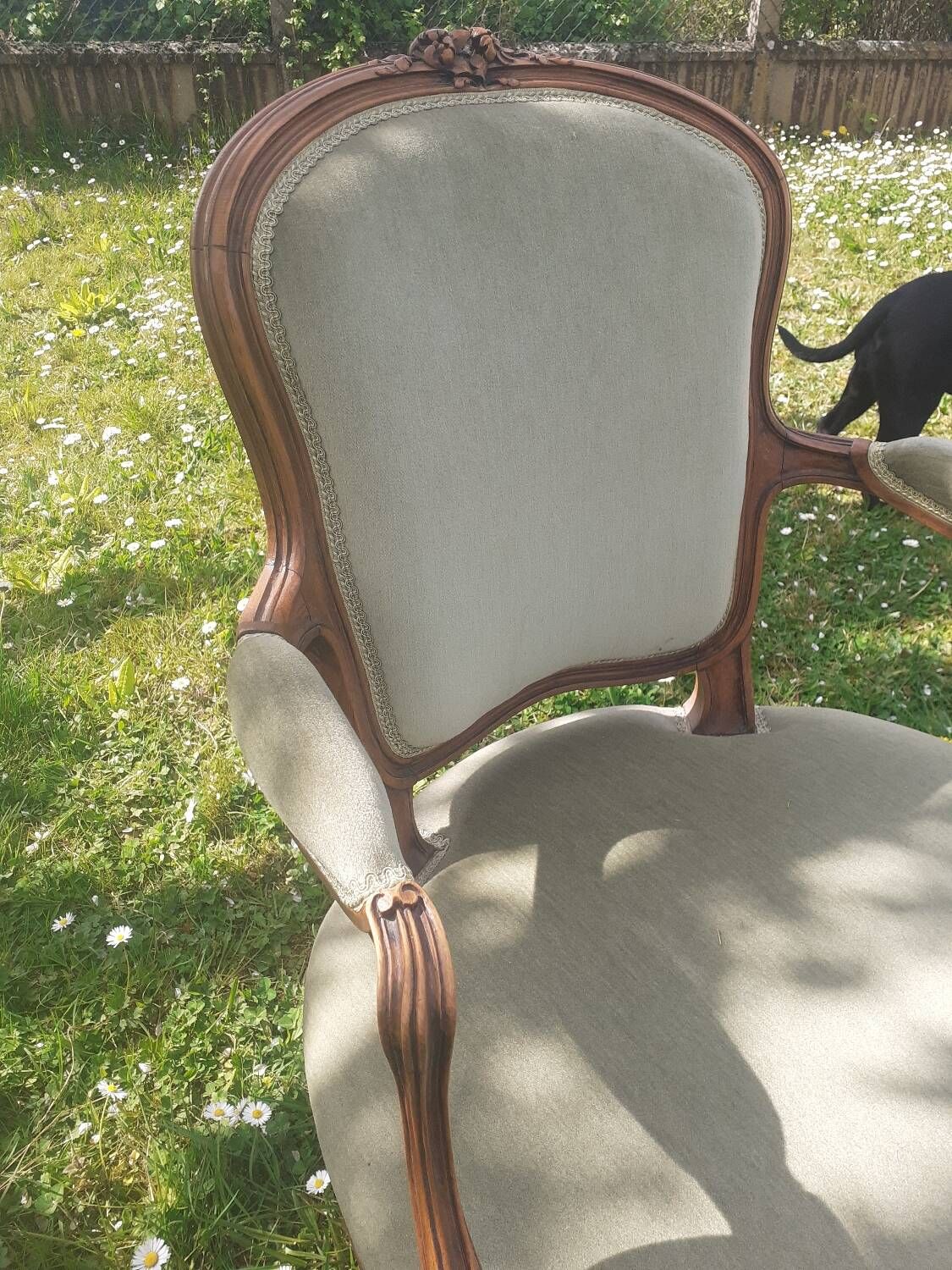 Pair of Rocaille style armchairs in green fabric and walnut, 19th century
