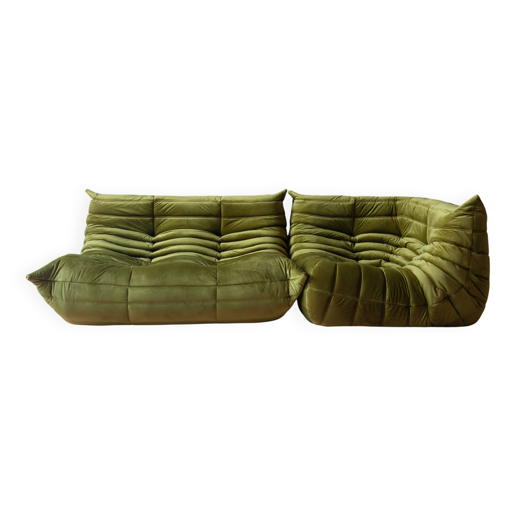 Togo set of 2-seater sofa and corner armchair in Olive Velvet