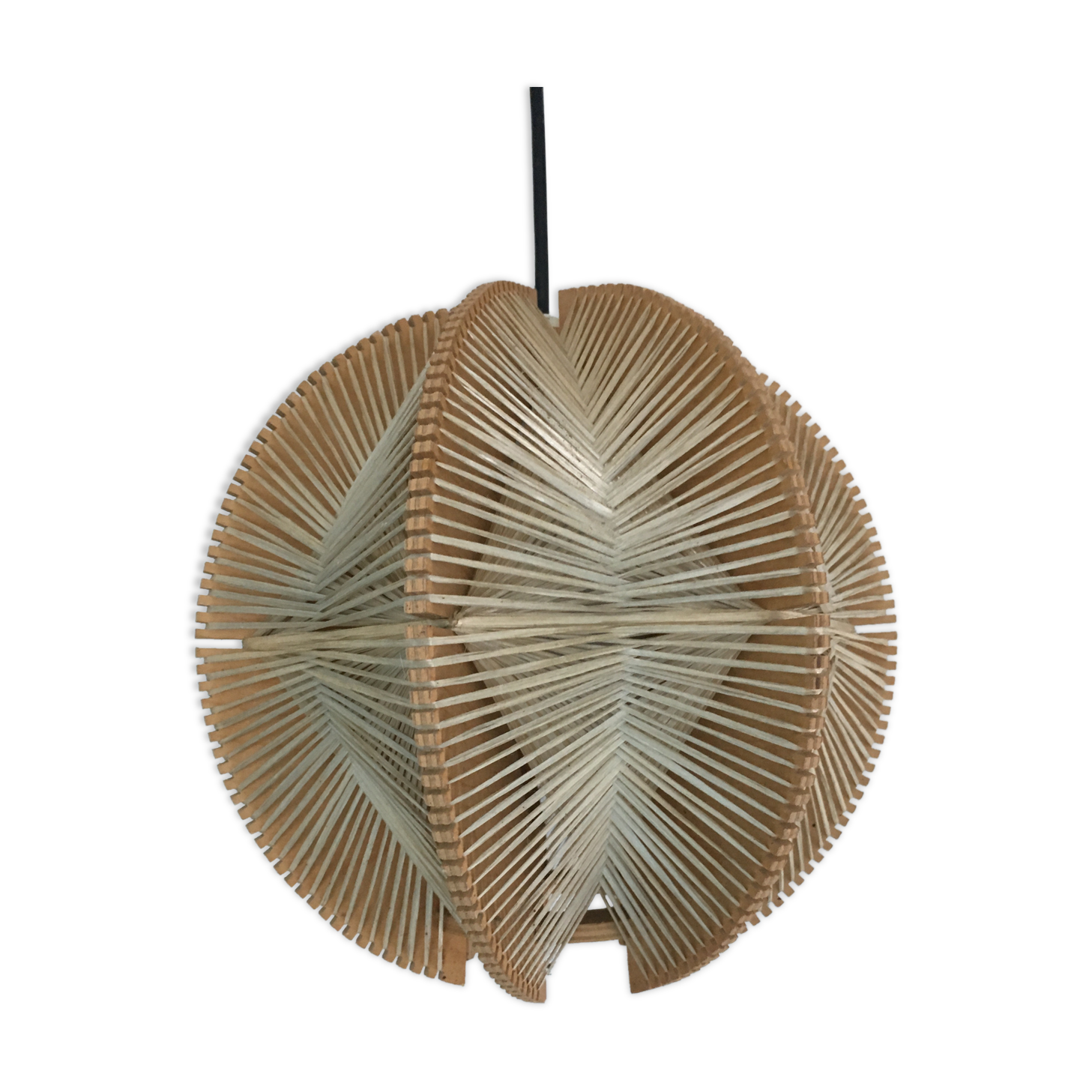 Wire and wood hanging lamp 1960, Scandinavian vintage