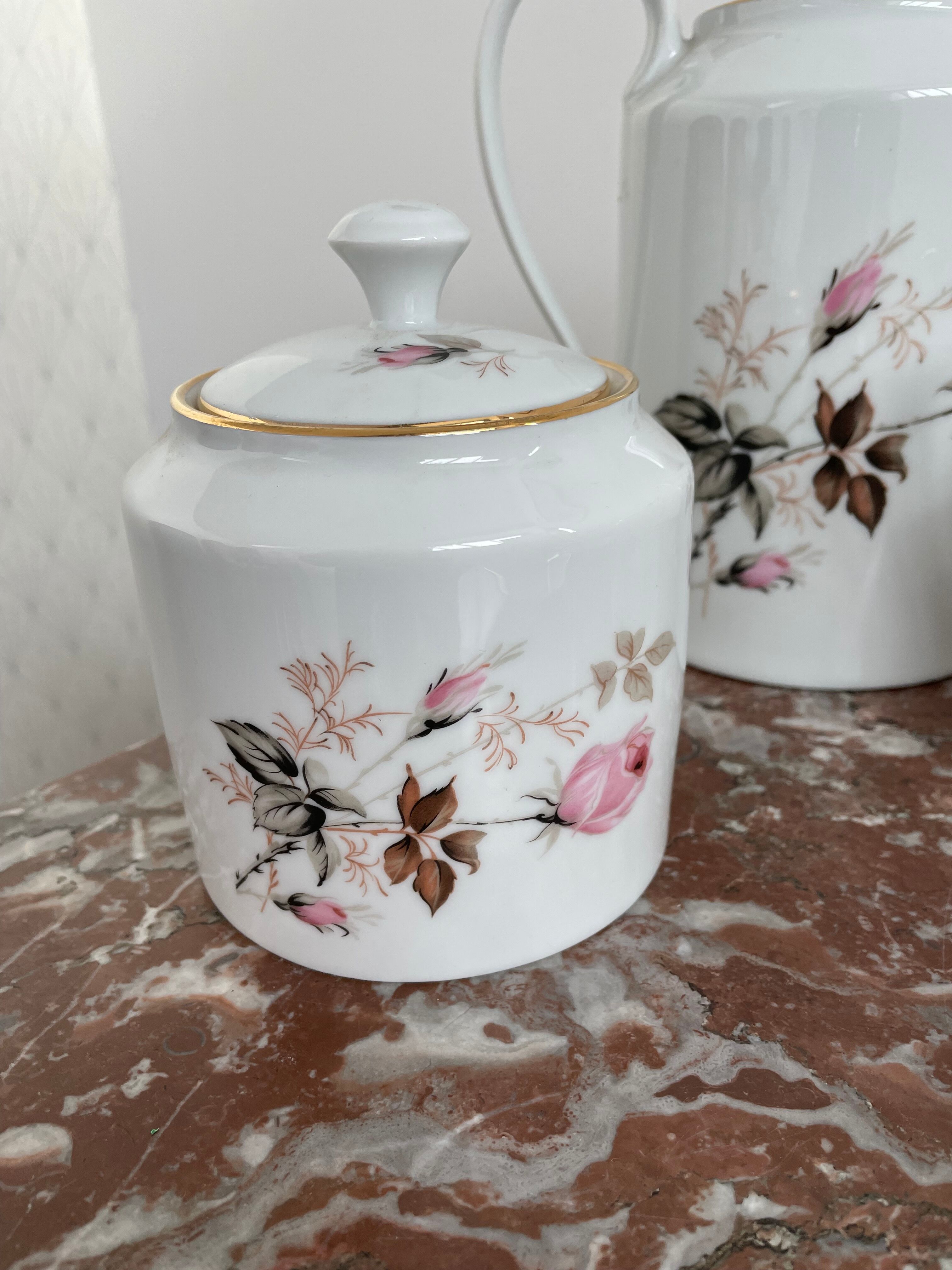 Vintage, coffee service, tea, Limoges, Flowers, cipher, 11 cups and under cups, teapot, 27 pieces