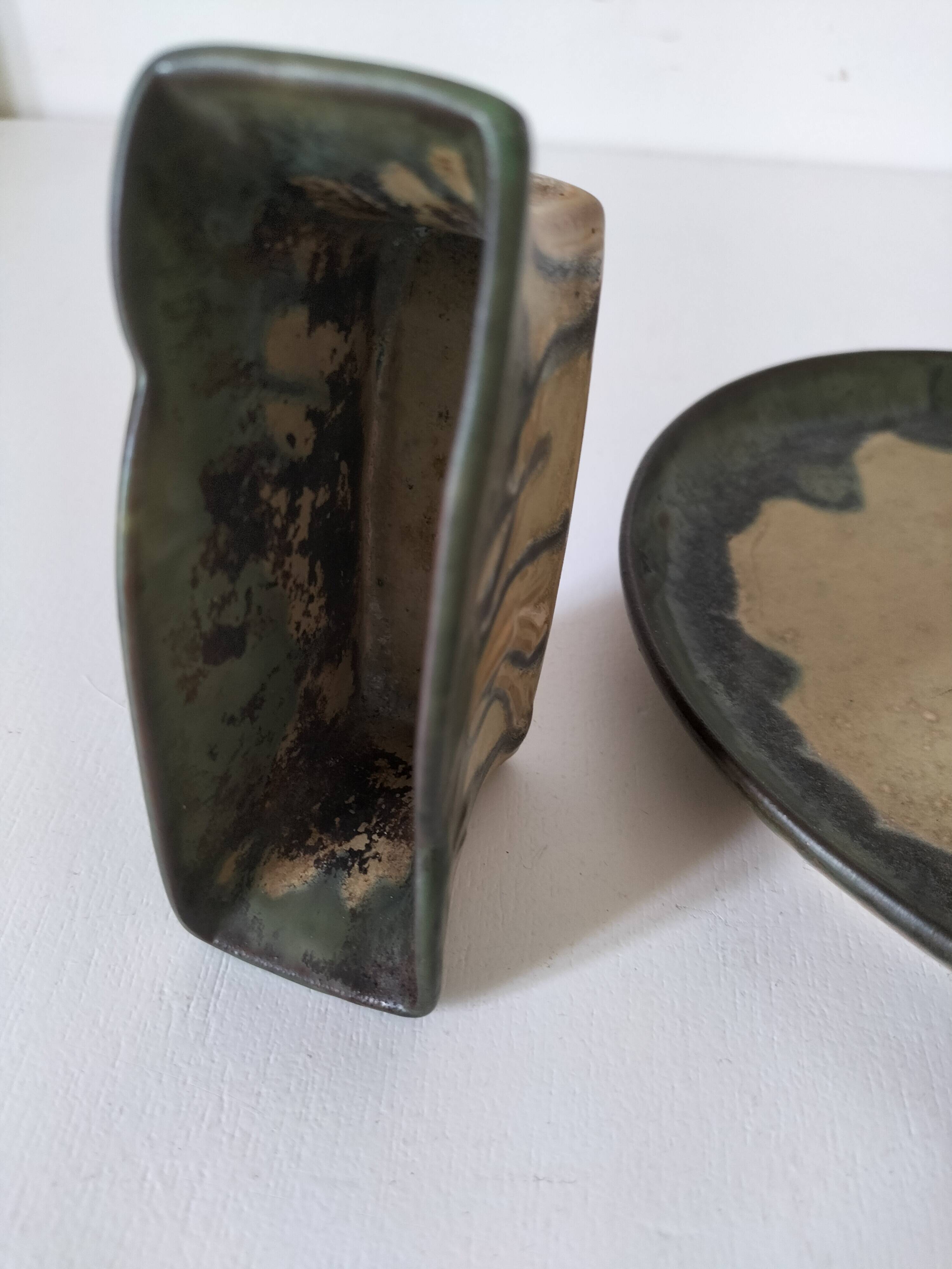Pair of Denbac enamelled green and blue vide-poches.
