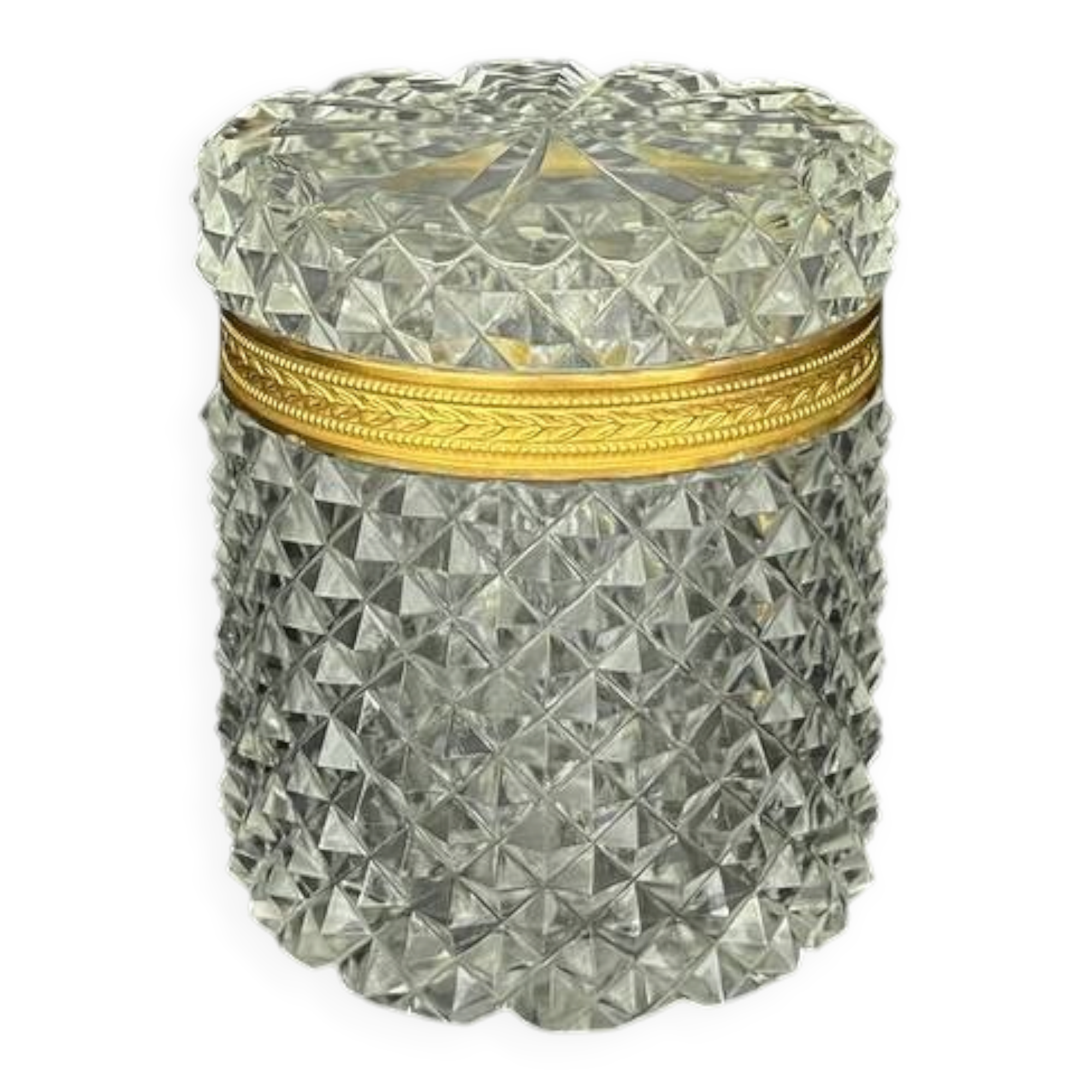 Cut crystal box with gilded bronze mount.
