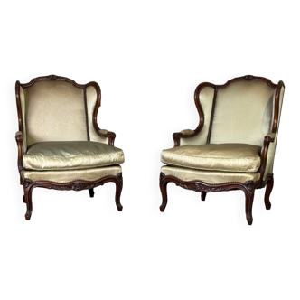 Pair Of Louis XV Style Bergeres In Finely Carved Walnut Around 1920