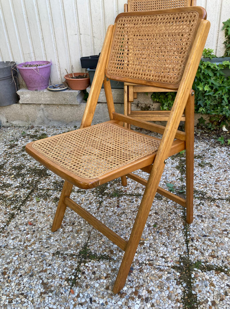 Lot de 3 chaises pliantes en bois et cannage