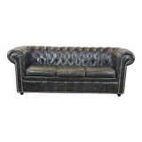Black 2.5-seater cow leather English chesterfield sofa