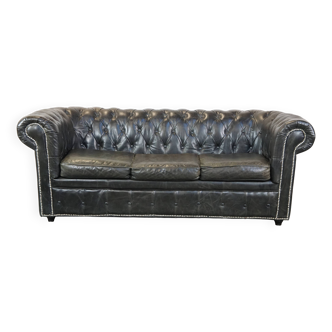 Black 2.5-seater cow leather English chesterfield sofa