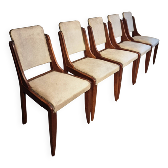 Set of 5 mid-century French dining chairs in walnut with light taupe upholstery – 1950s
