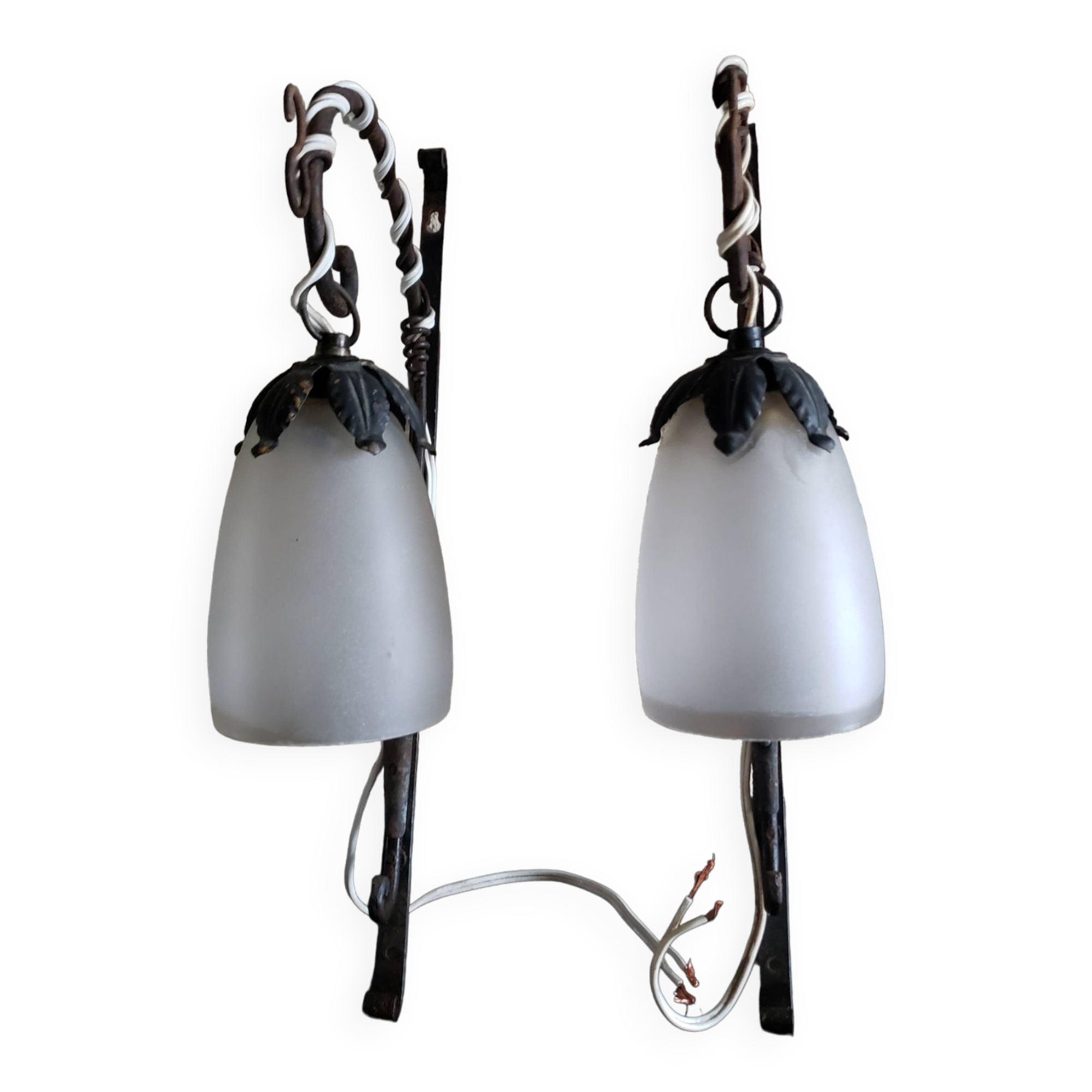 Pair of art deco wrought iron and tulip wall lights