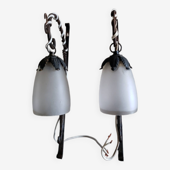 Pair of art deco wrought iron and tulip wall lights