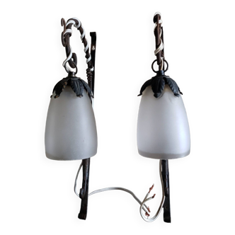 Pair of art deco wrought iron and tulip wall lights