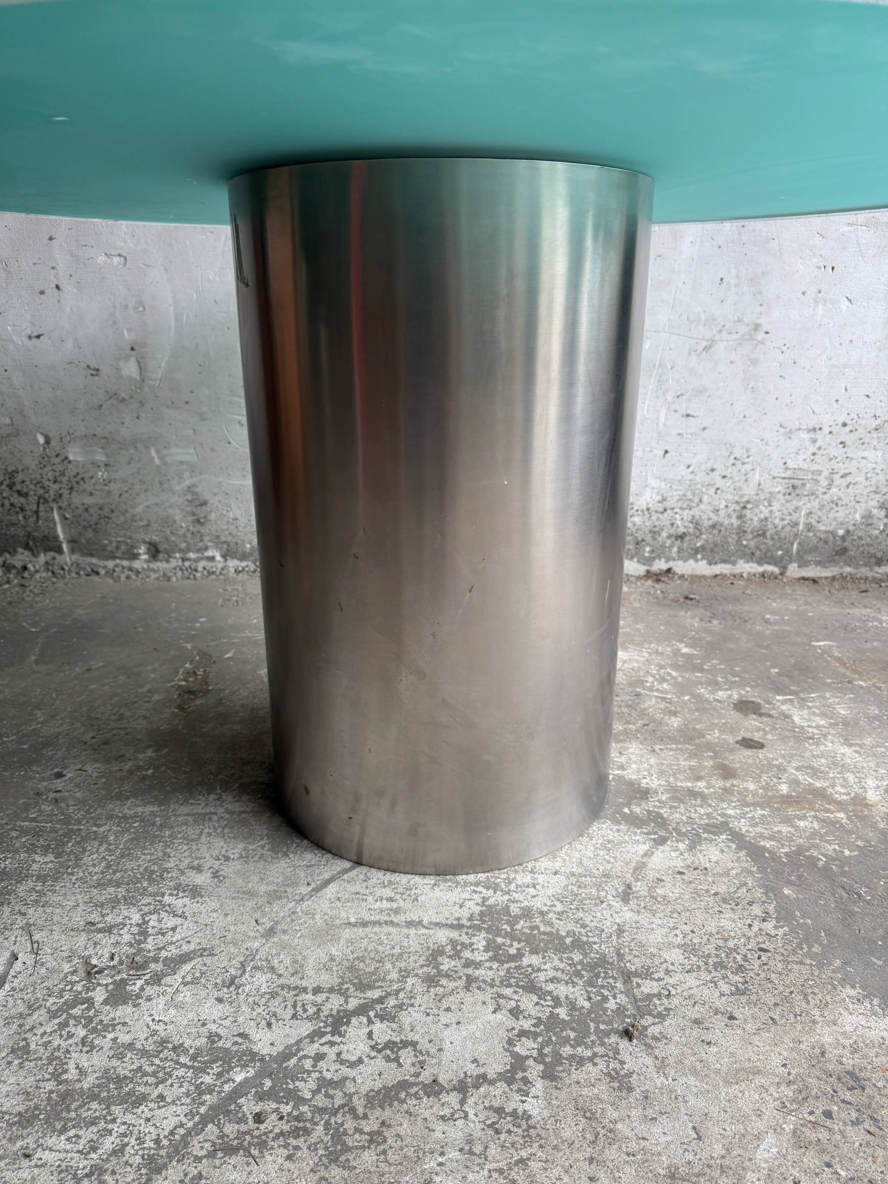 Translucent Frosted Glass Round Dining Table with Brushed Stainless Steel Pedestal — Industrial 1990s