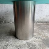 Translucent Frosted Glass Round Dining Table with Brushed Stainless Steel Pedestal — Industrial 1990s