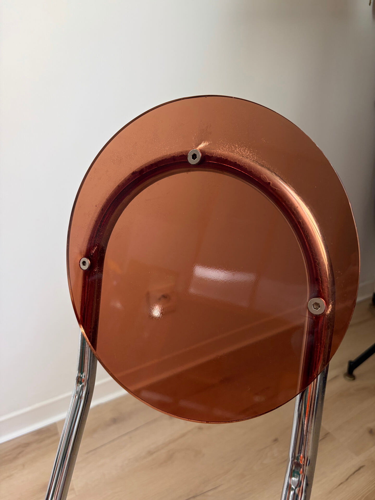2 folding chairs Space Age plexiglass/steel round back/seat 1980s