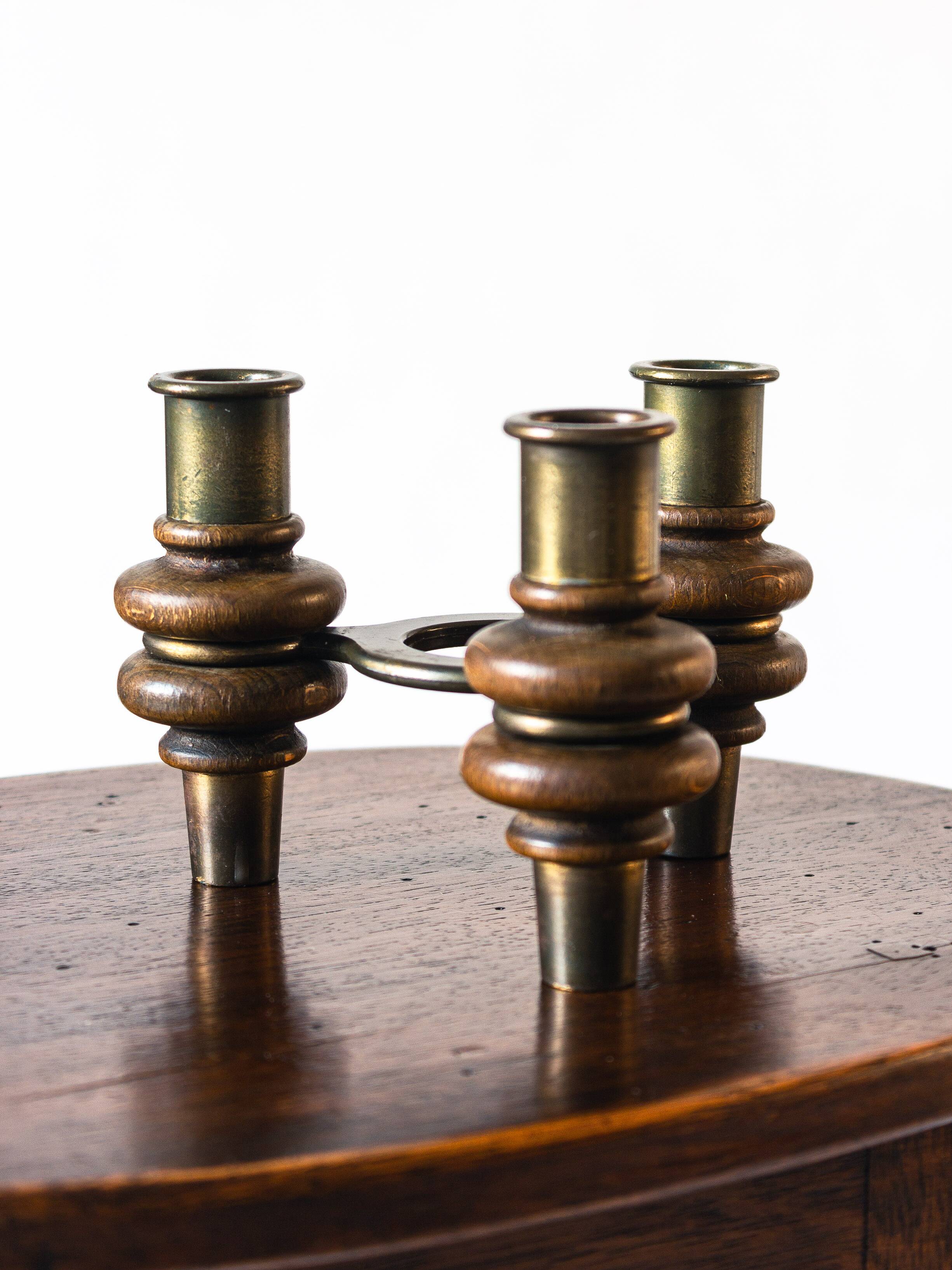 Tripod candle holder in wood and brass, Germany, 1960s/70s