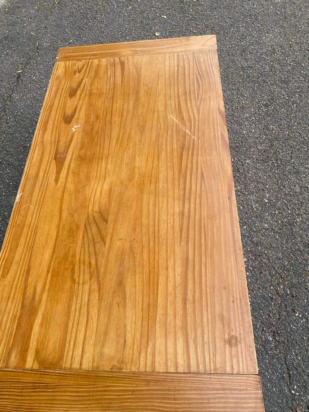 Solid wood coffee table with sliding door, stained pine, 120x60cm.