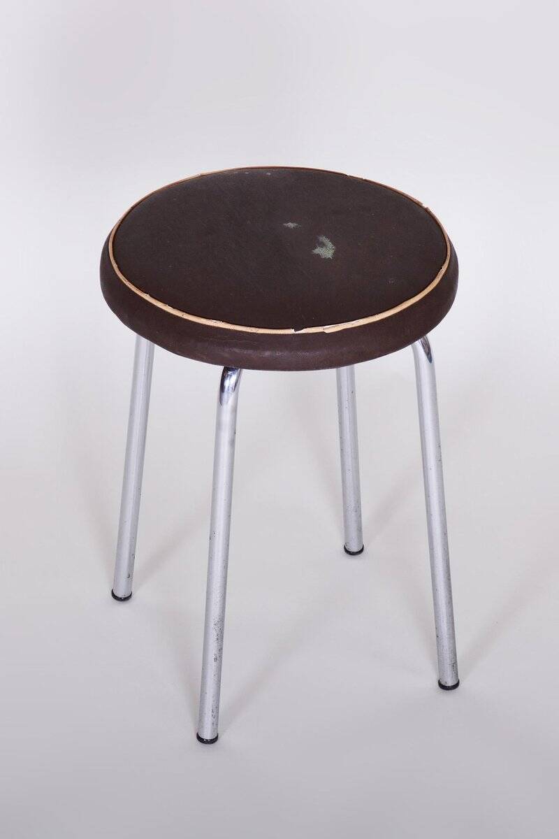Small Bauhaus Round Leather & Chrome Stool by Robert Sezák, 1940s